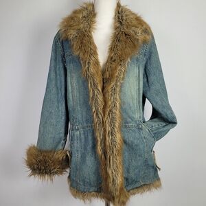 Mix It  Penny Lane Vintage Y2k 90s Jean Coat With Faux Fur Trim Size Large